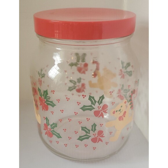 Anchor Hocking Glass Jar Canister Christmas Cookie Teddy Bear Holly Bows 7” VTG - Picture 4 of 7
